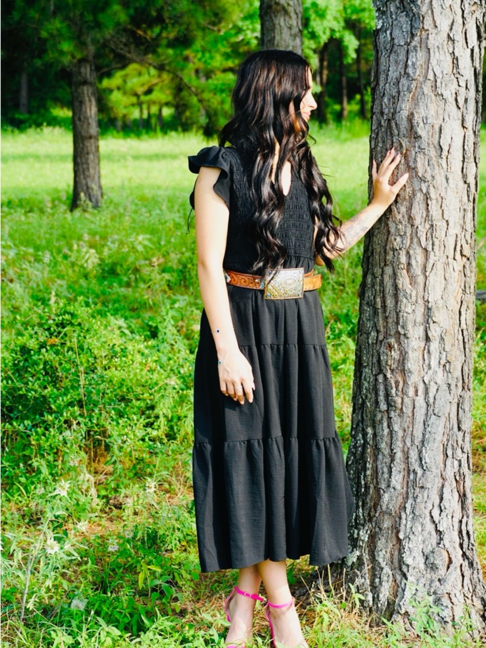 Black Tiered Midi Dress with Ruffle Sleeves